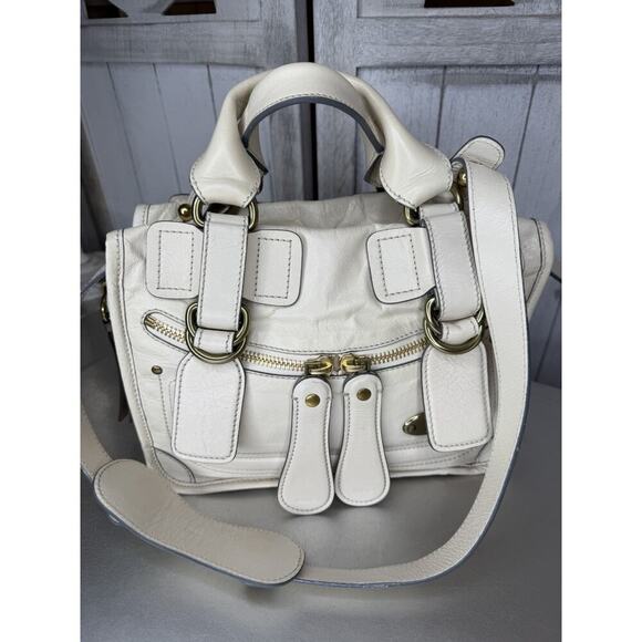 Chloé Bay Top Handle Shoulder Bag Cream Crinkle Leather Satchel Chunky Zip